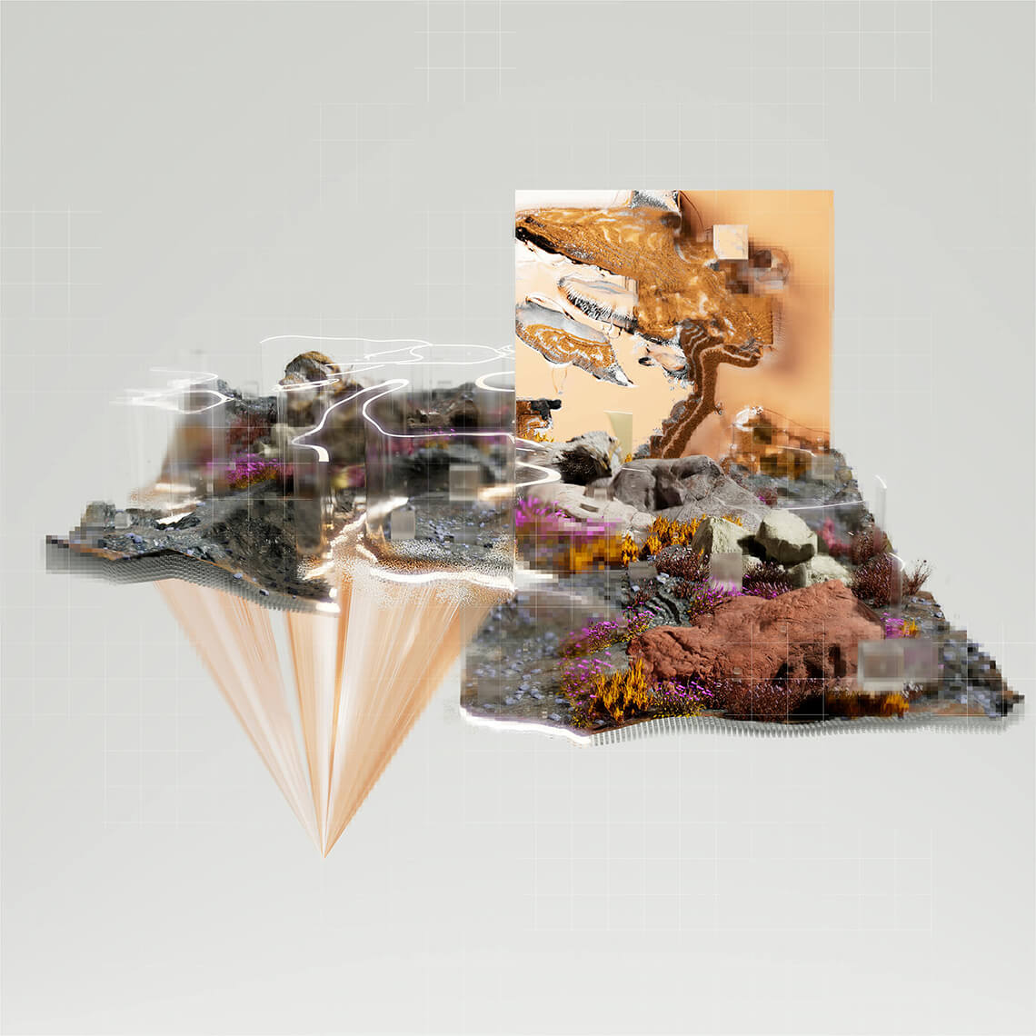Visualización digital abstracta de paisaje regenerado — imagen conceptual sobre red de refugios climáticos y transformación urbana sostenible